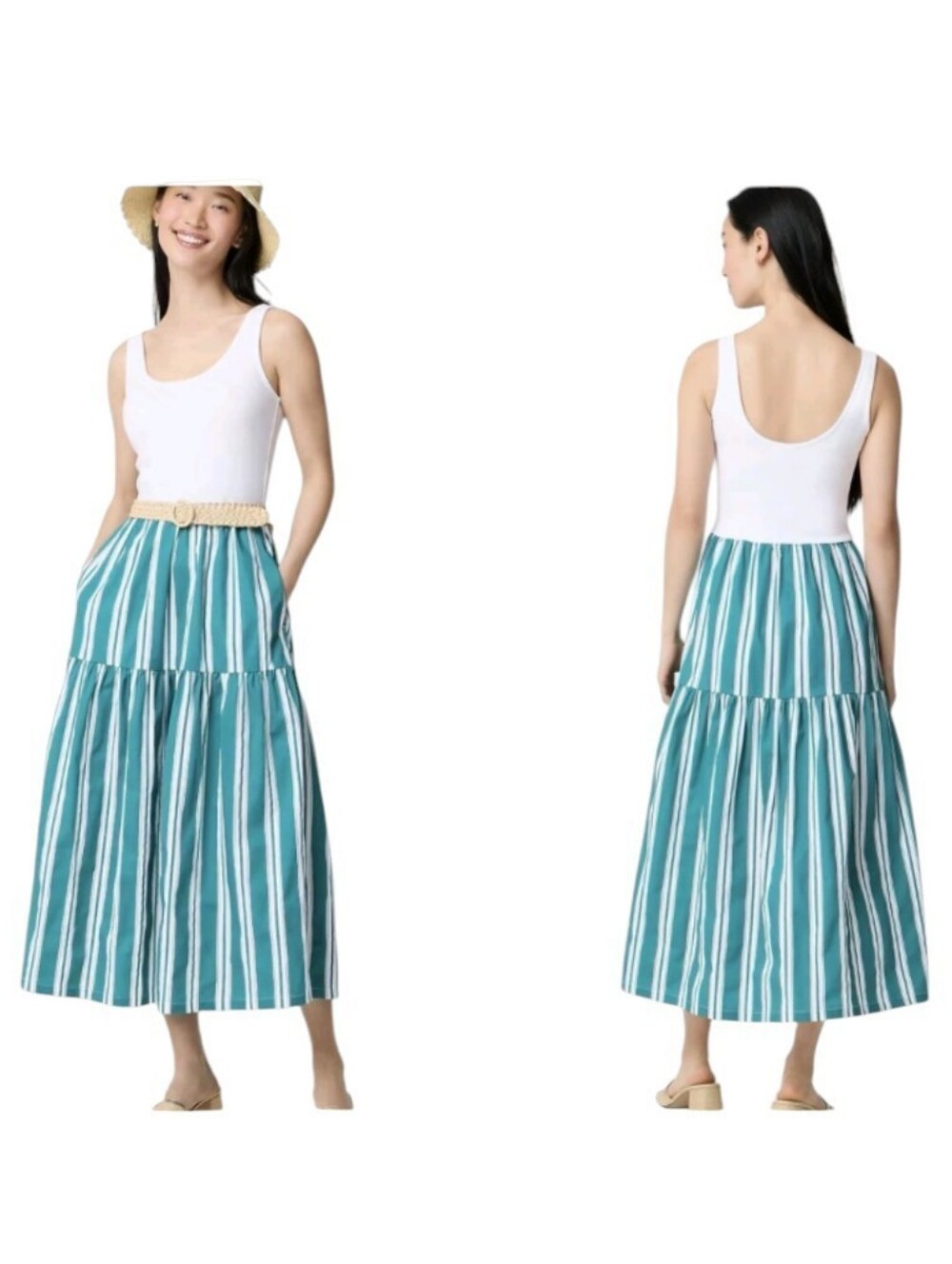 NWT J. Crew Tiered mixed-media midi dress Green White Stripe Size L